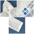A white reusable raincoat with a hood and a logo on the sleeve. Features a smooth, lightweight design.