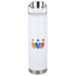 A drink bottle in white with a metal base and a logo, featuring vibrant coloured graphics.