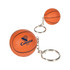 A keyring featuring an orange basketball stress item, complete with a metal keychain and a logo.