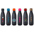 A drink bottle collection featuring six black vacuum insulated bottles in various cap colours: orange, pink, copper, and more.