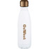 A drink bottle in white with a bronze lid, featuring branding on the surface. It's 500ml and vacuum insulated.
