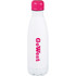 A drink bottle with a white body and a pink lid, featuring a logo. It has a sleek, vacuum-insulated design.