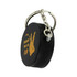 A black hockey puck stress reliever attached to a silver keyring, featuring a logo or branding.