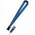 A blue lanyard with a buckle and a clip for attaching items. It features a smooth fabric finish and a branding logo.