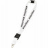 A white lanyard with a black logo, featuring a clip and a breakaway feature for safety.