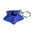 A blue star-shaped stress reliever keyring with a silver keyring attachment and a logo.