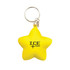 A yellow star-shaped stress reliever attached to a keyring, featuring a logo.