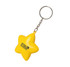 A yellow star-shaped stress reliever attached to a metal keyring. The item features a logo.