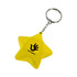 A yellow star-shaped stress reliever attached to a metal keyring, featuring a logo.