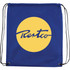 A blue drawstring sportspack with a large yellow circular logo and black drawstrings.