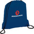A blue drawstring sportspack with a logo, featuring two black drawstrings for closure and securing items.