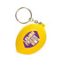 A yellow keyring shaped like a lemon, featuring a logo and attached to a metal chain.