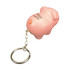 A pink pig-shaped stress reliever attached to a metal keyring, featuring a logo on its surface.