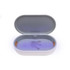 A white UV sterilisation box with a grey interior, containing keys and showcasing a wireless charging feature.