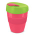 A drink bottle featuring a pink body and a green lid with a straw opening, equipped with a branding logo.
