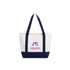 A small canvas tote bag in white with navy handles and a logo on the front.