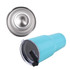A drink bottle in teal colour with a clear lid, featuring a stainless steel interior and a logo.