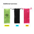 Three drawstring bags in green, black, and pink, featuring a logo on the green bag.