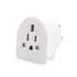 A white travel adapter with multiple sockets, designed for use in Australasia and compatible with various plug types.