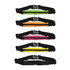 A range of running belts in vibrant colours including green, orange, pink, yellow, and black, with adjustable straps.