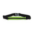 A green and black running belt with a zippered pouch and adjustable straps, featuring a logo.