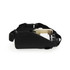 A black running belt with a drink bottle and a pocket, featuring an adjustable strap and logo.