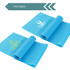 Two rolled blue TPE fitness resistance bands, featuring different logos on each band.