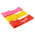 Latex fitness resistance bands in pink, yellow, and red, featuring a logo on one band.