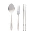 A stainless steel travel utensils set featuring a spoon, fork, and chopsticks, all with a polished finish.