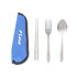 A blue carrying case holds a stainless steel fork, spoon, and chopsticks, all featuring a logo.