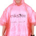 A pink poncho made of lightweight plastic, featuring a logo and worn by a person.
