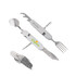 A multi-functional camping cutlery tool in stainless steel, featuring a spoon, fork, knife, and bottle opener.