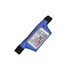 A blue sports waist bag with a transparent pocket for a phone and adjustable straps. It features a logo.