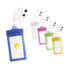 A set of waterproof phone bags in blue, clear, pink, green, and yellow, each with a neck string and logo.