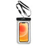 A waterproof phone bag in clear with a black clip and adjustable strap, designed for universal phone sizes.