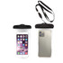A waterproof case for a smartphone, featuring a clear plastic design with a black top and a neck strap.