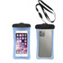 A waterproof blue cellphone dry bag with a black strap, designed to fit various mobile phones.