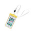 A waterproof phone bag in yellow with a transparent cover and a white strap, featuring a logo on the front.