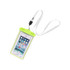 A waterproof phone bag in fluorescent green with a transparent cover and a white lanyard for carrying.