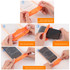 A waterproof phone bag in orange, demonstrating a snap enclosure with steps for securing a phone inside.