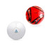 A white soccer ball and a red soccer ball, both featuring different designs and a logo on the white ball.