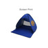 A blue pop-up beach tent with a screen-printed logo, featuring a spacious interior and a simple design.