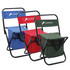 A foldable camping chair set in blue, red, and green, each with a padded seat and a bag attached, featuring branding.