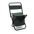 A green foldable camping chair with a black frame and attached bag for storage. It features a simple design.