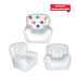 An inflatable chair in white with colourful customizable accents, showcasing three different angles of the product.
