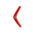 A red V-shaped boomerang toy with a logo, designed for outdoor fun and games.