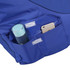 A blue outdoor chair with two side pockets containing a drink bottle and a smartphone. It features a logo.