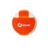 A round pill box in orange and white with a logo on the front.