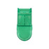 A green pill box with a built-in cutter, designed for easy tablet management. It features a logo on the surface.
