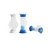A set of three sand timers in white and blue, featuring a transparent body and coloured sand inside.